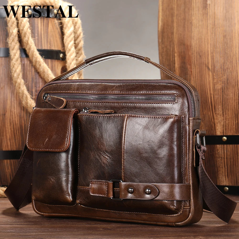 WESTAL Men's Shoulder Bag Crossbody Pack Genuine Leather Porte Document Office For Male Side Bags Briefcase Laptop 7.9 Inch