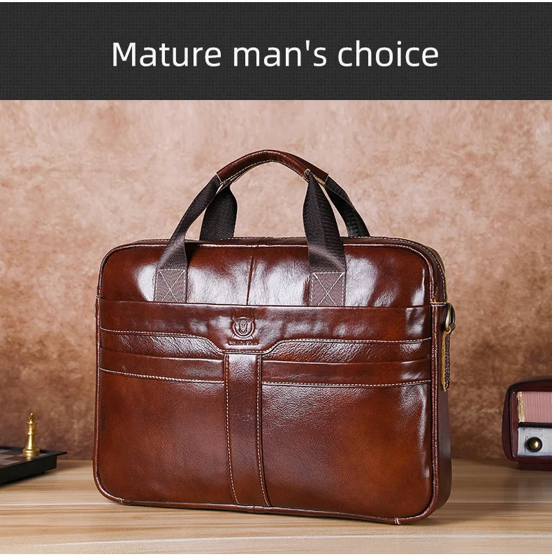 BULLCAPTAIN Leather Laptop Bag, Top Layer Leather 15" Laptop Bag Men's Laptop Briefcase Briefcase Work Business Travel Bag 053