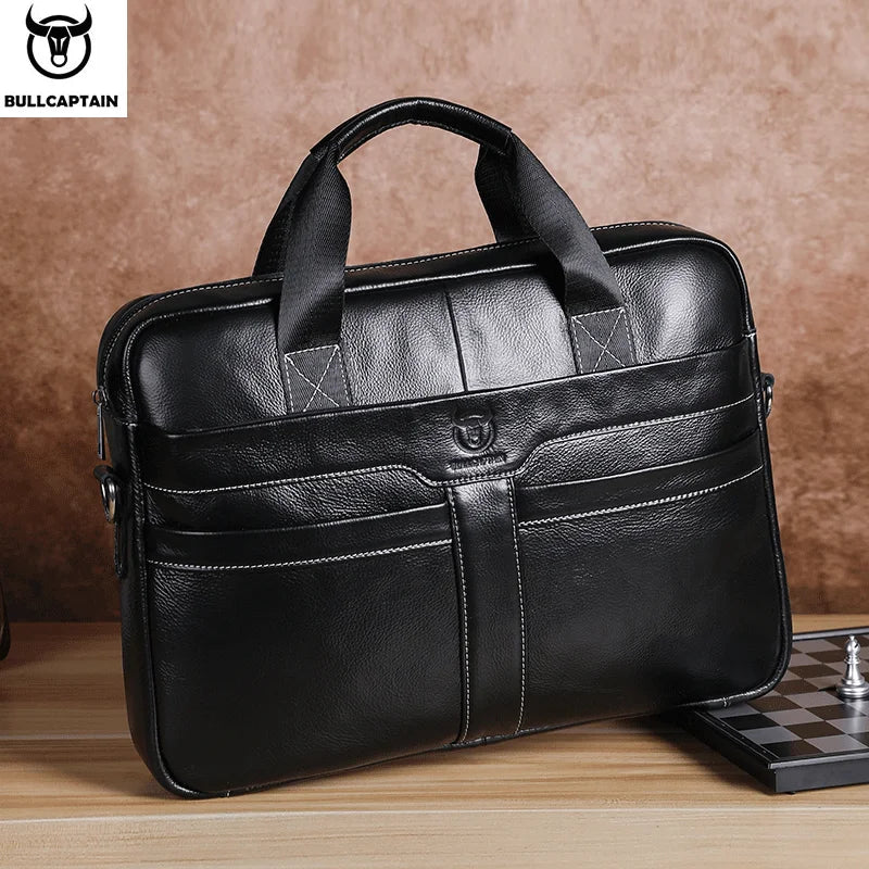 BULLCAPTAIN Leather Laptop Bag, Top Layer Leather 15" Laptop Bag Men's Laptop Briefcase Briefcase Work Business Travel Bag 053