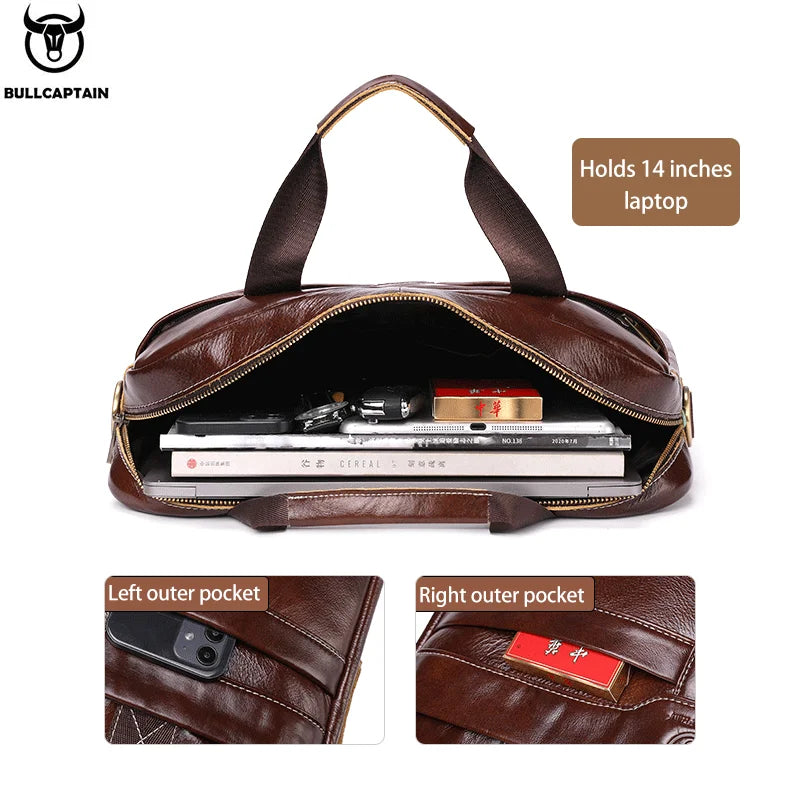 BULLCAPTAIN Leather Laptop Bag, Top Layer Leather 15" Laptop Bag Men's Laptop Briefcase Briefcase Work Business Travel Bag 053