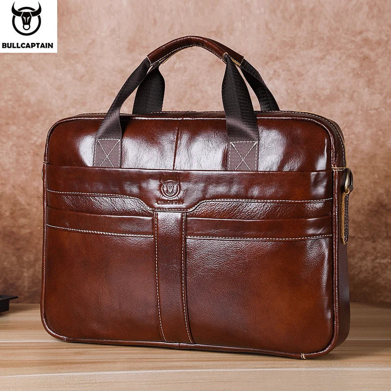 BULLCAPTAIN Leather Laptop Bag, Top Layer Leather 15" Laptop Bag Men's Laptop Briefcase Briefcase Work Business Travel Bag 053