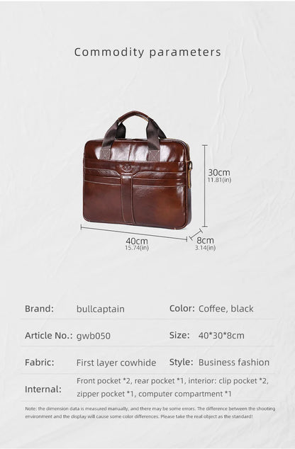 BULLCAPTAIN Leather Laptop Bag, Top Layer Leather 15" Laptop Bag Men's Laptop Briefcase Briefcase Work Business Travel Bag 053